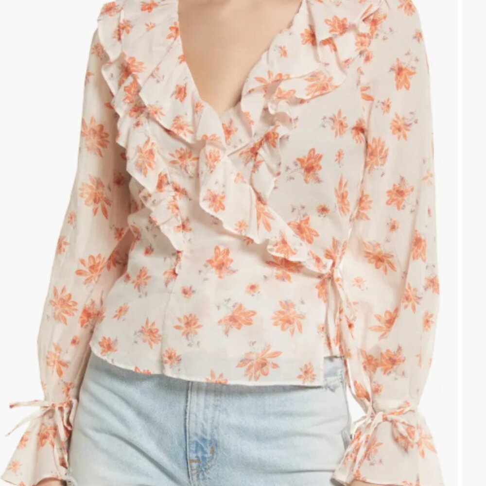 Free People Amanda Ruffle Long Sleeve Wrap Floral Top NWT Size Medium